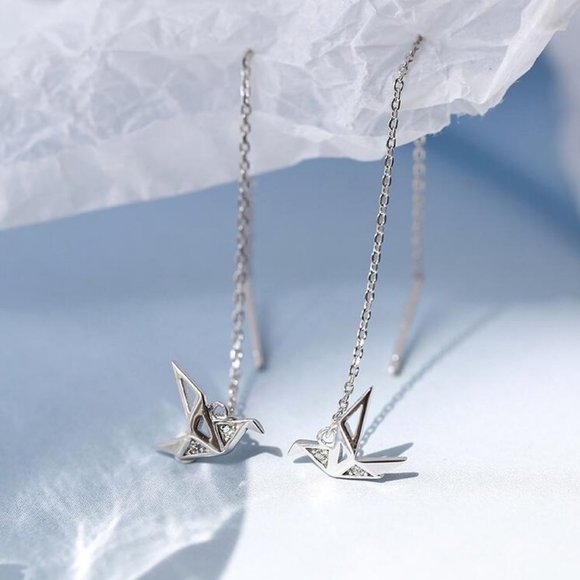 NEW Sterling Silver Diamond Paper Crane Earrings - Picture 4 of 9